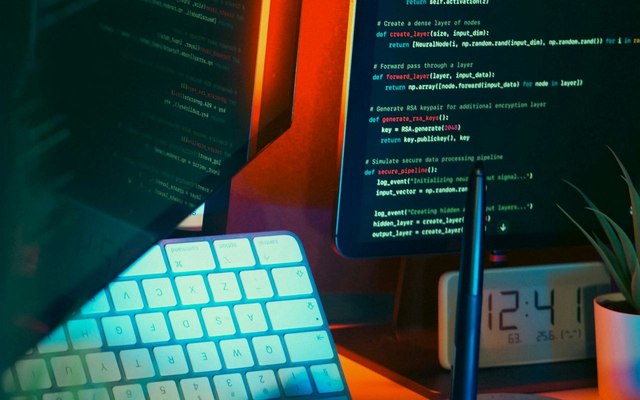 A developer workspace with code on several screens and keyboards